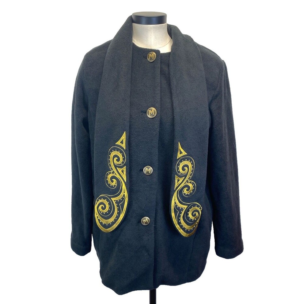 Bob Mackie Wearable Art Black Fleece Coat Gold Embroidery-Attached Scarf Collar